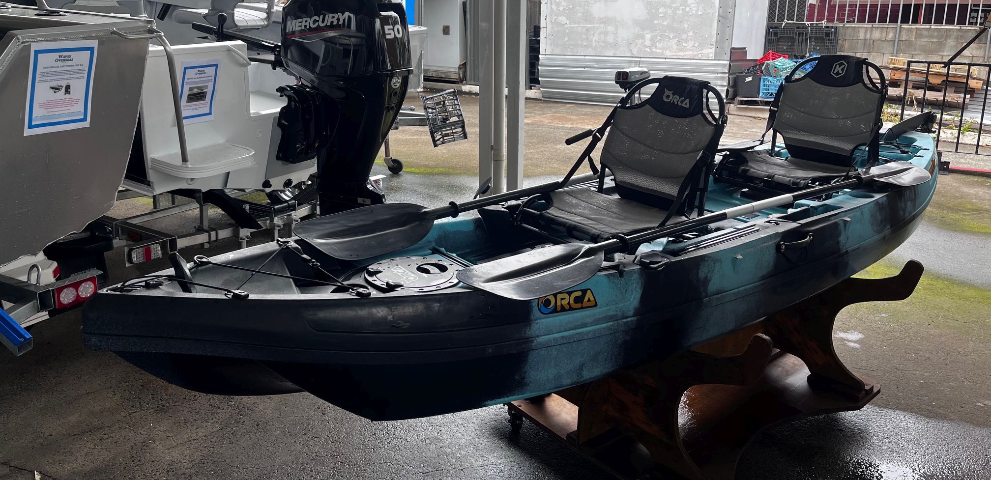 Used Triton Orca double sit on top kayak package with Water Snake trolling motor (AS NEW)