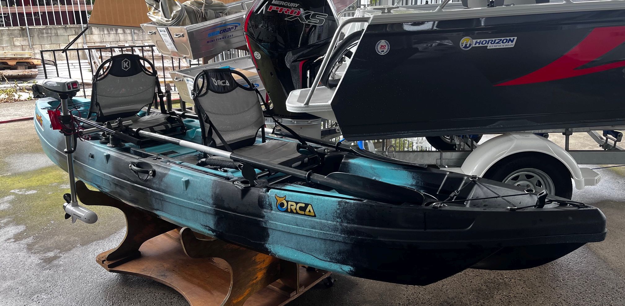 Used Triton Orca double sit on top kayak package with Water Snake trolling motor (AS NEW)