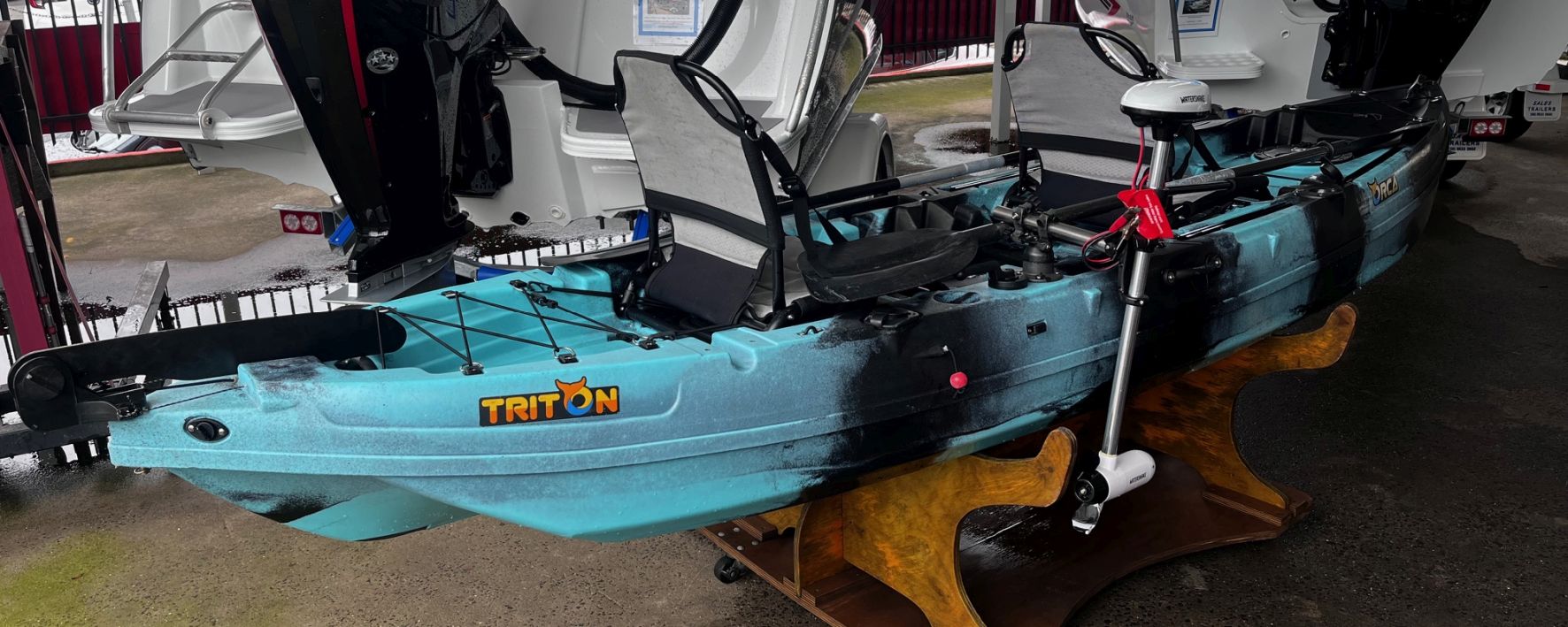 Used Triton Orca double sit on top kayak package with Water Snake trolling motor (AS NEW)