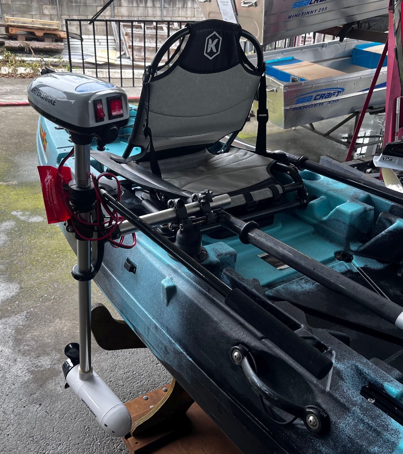 Used Triton Orca double sit on top kayak package with Water Snake trolling motor (AS NEW)
