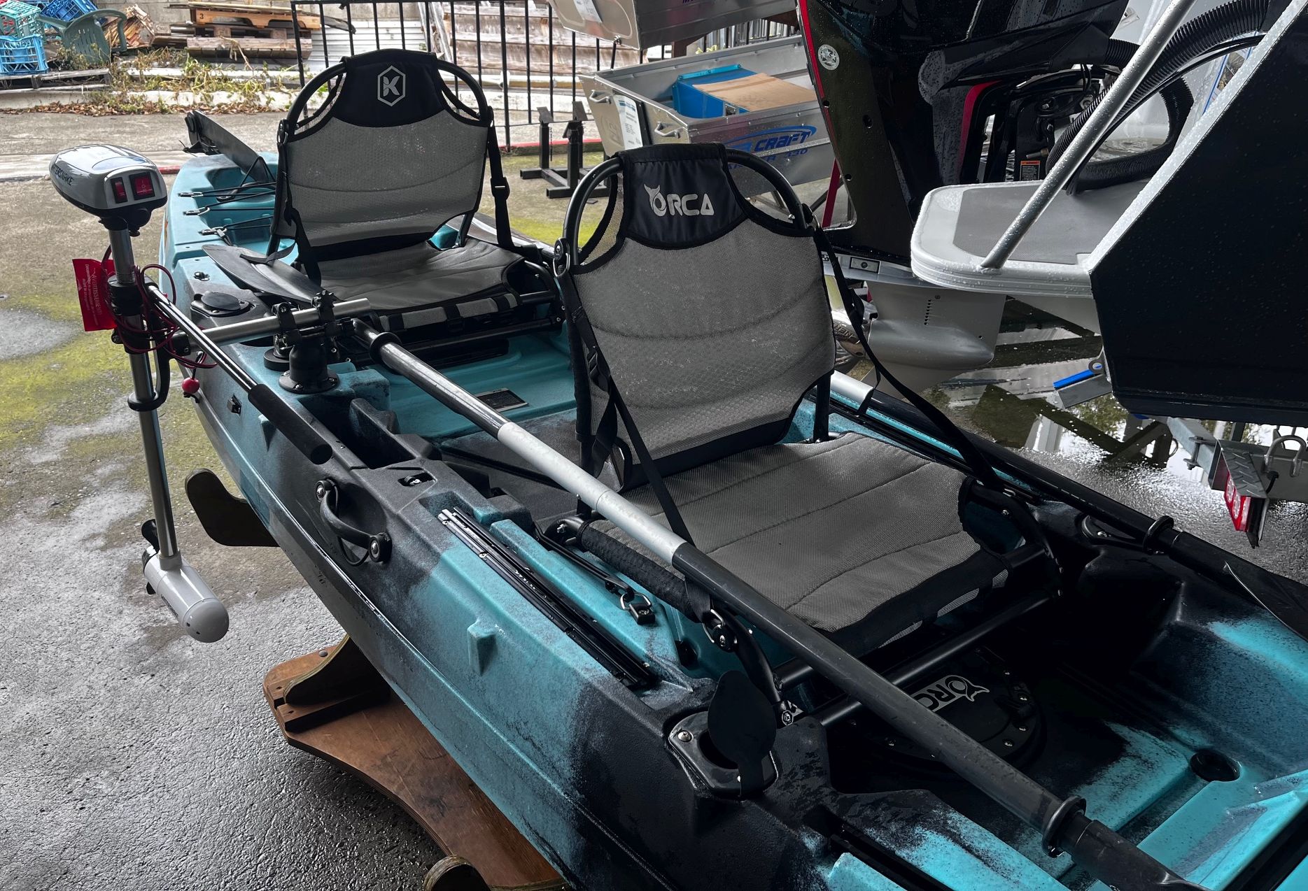 Used Triton Orca double sit on top kayak package with Water Snake trolling motor (AS NEW)