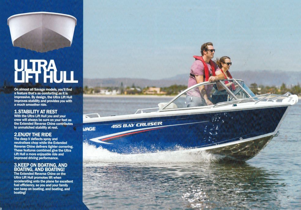 Savage 435 Bay Cruiser package with Mercury 50hp and trailer (IN STOCK)