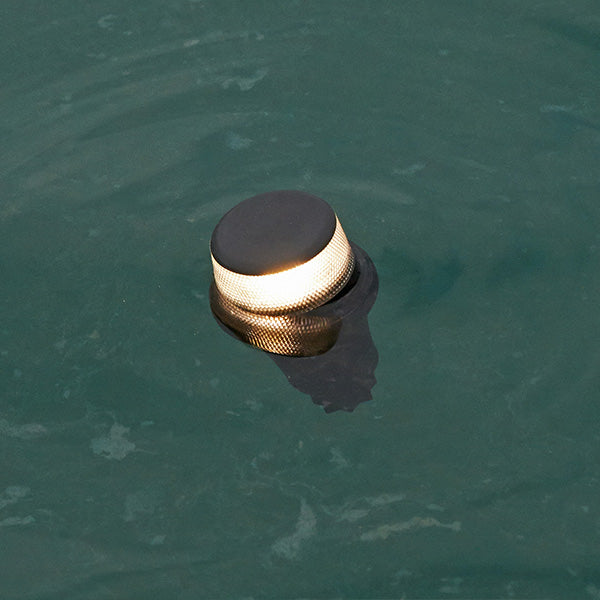 a toilet is in the water with the lid up 
